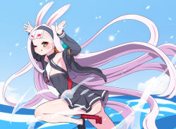 Rule 34 | 1girl, :q, animal ears, armpits, arms up, ass, azur lane, bad id, bad pixiv id, black dress, black footwear, black jacket, blunt bangs, blush, brown eyes, dress, from side, hairband, jacket, leg up, long hair, ocean, one eye closed, outdoors, rabbit ears, rabbit pose, shimakaze (azur lane), shoes, short dress, silver hair, smile, solo, standing, standing on one leg, thighs, tongue, tongue out, very long hair, yukina (fall)