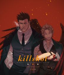 Rule 34 | 2boys, alternate costume, beard, black suit, black vest, blonde hair, blue eyes, boku no hero academia, cigarette, crossed arms, endeavor (boku no hero academia), english text, facial hair, feathered wings, formal, hawks (boku no hero academia), head tilt, highres, male focus, mature male, multiple boys, muscular, muscular male, necktie, pectorals, red hair, red theme, red wings, scar, scar across eye, scar on face, shirt, short hair, sideburns, smoking, spiked hair, stubble, suit, vest, viol vrt, white shirt, wings