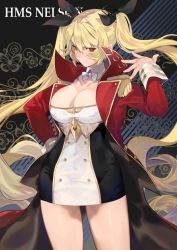 Rule 34 | 1girl, adjusting hair, azur lane, bare legs, black background, blonde hair, bow, bowtie, breasts, character name, cleavage, coat, collarbone, cowboy shot, detached collar, dress, english text, epaulettes, floral background, hair between eyes, hair ornament, hair ribbon, highres, large breasts, long hair, long sleeves, looking at viewer, nelson (azur lane), off-shoulder dress, off shoulder, patterned background, pout, red coat, red eyes, ribbon, short dress, solo, standing, thighs, uyuyuun, very long hair, white bow, white bowtie