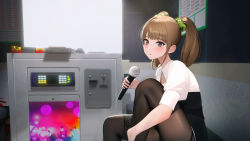 Rule 34 | 1girl, absurdres, black dress, dress, hair ornament, hair scrunchie, highres, holding, holding microphone, indoors, jungon kim, karaoke box, light brown hair, looking at viewer, medium hair, microphone, multicolored clothes, multicolored dress, original, pantyhose, parted lips, scrunchie, short dress, sitting, solo, twintails, white dress, window