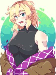 Rule 34 | 1girl, absurdres, bare shoulders, blonde hair, blush, breasts, brown shirt, collarbone, detached sleeves, green eyes, half updo, highres, large breasts, looking at viewer, mizuhashi parsee, neferkitty, open mouth, pointy ears, shirt, short hair, solo, subterranean animism, touhou