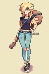 Rule 34 | absurdres, belt, belt buckle, black shirt, blonde hair, blue eyes, bracelet, buckle, converse, denim, earrings, fingernails, guitar, hair over one eye, hand on own hip, highres, instrument, jeans, jewelry, layered clothes, long hair, mag (magdraws), mario (series), midriff, navel, nintendo, pants, rosalina, shirt, smile, super mario odyssey, torn clothes, torn pants