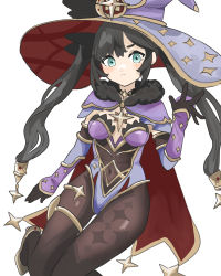 Rule 34 | 1girl, aqua eyes, black choker, black gloves, black hair, blush, brown pantyhose, cape, choker, closed mouth, covered navel, genshin impact, gloves, hat, high heels, highres, long hair, mona (genshin impact), pantyhose, patterned, patterned clothing, purple hat, simple background, solo, star (symbol), star print, twintails, user uxmt8785, white background, witch hat