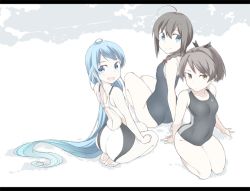 Rule 34 | 3girls, ahoge, ass, barefoot, black hair, black one-piece swimsuit, blue eyes, blue hair, braid, brown hair, commentary request, competition school swimsuit, competition swimsuit, gradient hair, hair over shoulder, hair ribbon, kantai collection, long hair, multicolored hair, multiple girls, negative space, one-piece swimsuit, open mouth, ponytail, ribbon, samidare (kancolle), school swimsuit, seiza, shigino sohuzi, shigure (kancolle), shikinami (kancolle), short hair, single braid, sitting, swept bangs, swimsuit, very long hair, white background, white one-piece swimsuit, yellow eyes