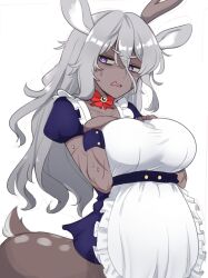 Rule 34 | 1girl, angry, antlers, apron, bow, breasts, bright pupils, centauroid, commentary, dark-skinned female, dark skin, deer girl, english commentary, grey hair, hair between eyes, highres, horns, large breasts, long hair, looking at viewer, maid apron, messy hair, original, purple eyes, red bow, scar, scar on arm, sifserf, simple background, single antler, solo, sweatdrop, taur, wavy mouth, white background, white pupils