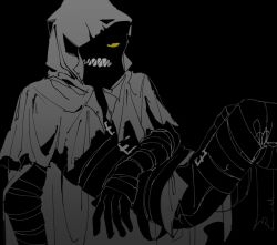 Rule 34 | 1girl, arm strap, belt, colored sclera, gloves, greyscale, highres, hood, hood up, little red riding hooded mercenary, lobotomy corporation, looking at viewer, maskv, monochrome, pants, project moon, sharp teeth, shirt, solo, spot color, teeth, thigh strap, yellow sclera