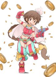 Rule 34 | 1girl, :d, blurry, blush, bow, braid, brown eyes, brown hair, buttons, capelet, coin, cropped vest, dot nose, footwear bow, frilled vest, frills, full body, gem, gluteal fold, gun, holding, holding coin, holding gun, holding weapon, kyubey, lapels, leg up, long hair, low-braided long hair, low-tied long hair, magia record: mahou shoujo madoka magica gaiden, magical girl, mahou shoujo madoka magica, mao himika, midriff, navel, open mouth, panties, red footwear, red gemstone, red panties, red vest, shoes, simple background, single braid, smile, solo, teeth, underwear, upper teeth only, very long hair, vest, weapon, white background, white capelet, zangetsumaru