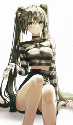 Rule 34 | 1girl, arm support, black hair, black shirt, black skirt, blush, brown eyes, highres, knees up, liso, long hair, long sleeves, looking at viewer, midriff, original, parted lips, shirt, simple background, sitting, skirt, solo, striped clothes, striped shirt, twintails, white background