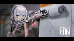 Rule 34 | 1girl, absurdres, ak-74, aks-74, assault rifle, black gloves, black ribbon, blurry, blurry background, buckle, camouflage, camouflage jacket, chinese clothes, chinese commentary, commentary, company name, crossed bangs, cyrillic, depth of field, double-parted bangs, folding stock, foregrip, gloves, green eyes, grey gloves, grey jacket, gun, hair between eyes, headset, highres, holding, holding gun, holding weapon, indoors, jacket, kalashnikov rifle, letterboxed, light blush, long hair, long sleeves, looking at viewer, military jacket, optical sight, orange ribbon, original, parking lot, ribbon, ribbon of saint george, rifle, russian text, snap-fit buckle, solo, striped ribbon, suppressor, taking cover, tiewan, two-tone gloves, two-tone ribbon, upper body, urban camouflage, wall, watermark, weapon, web address, white hair