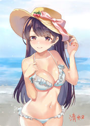 Rule 34 | 1girl, bare shoulders, beach, bikini, blush, breasts, cleavage, cloud, cloudy sky, collarbone, day, frilled bikini, frills, girl cafe gun, hat, highres, large breasts, lips, long hair, looking at viewer, nail polish, navel, ocean, sand, signature, sky, smile, solo, stomach, sun hat, swimsuit, user psy2887, yellow eyes