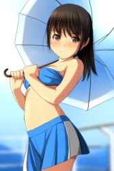 Rule 34 | 1girl, absurdres, bandeau, bare arms, bare shoulders, black hair, blue bandeau, blue skirt, blue umbrella, blurry, blurry background, blush, breasts, brown eyes, closed mouth, depth of field, hair between eyes, highres, holding, holding umbrella, long hair, looking at viewer, matsunaga kouyou, medium breasts, navel, nose blush, original, pleated skirt, race queen, skirt, smile, solo, strapless, tube top, umbrella