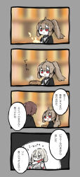 Rule 34 | 1boy, 2girls, 4koma, :3, ahoge, black jacket, blood, blood on clothes, bloody knife, brown hair, closed mouth, colored skin, comic, commentary request, food, harvest fes, highres, holding, holding knife, jacket, knife, librarian (project moon), library of ruina, light brown hair, long hair, long sleeves, multiple girls, no nose, open mouth, pie, pierre (project moon), ponytail, project moon, red eyes, shirt, short hair, smile, translation request, white eyes, white hair, white shirt, white skin