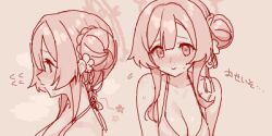 Rule 34 | 1girl, blue archive, blush, braid, braided bun, breasts, cleavage, closed mouth, embarrassed, flower, flower (symbol), flying sweatdrops, furrowed brow, hair bun, hair flower, hair ornament, halo, large breasts, long hair, looking at viewer, lowres, maibotsumou, mimori (blue archive), mimori (swimsuit) (blue archive), monochrome, multiple views, nervous smile, nose blush, oekaki, pink theme, profile, short hair with long locks, sidelocks, simple background, single side bun, smile, steaming body, translation request, upper body