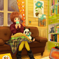 Rule 34 | 1girl, blush, book, bookshelf, brown hair, candy, cat, checkerboard cookie, cookie, couch, curly hair, curtains, dragon, drinking, elly (toytronica), flower, food, freckles, fringe trim, green eyes, heater, highres, hourglass, indoors, jewelry, knees together feet apart, long sleeves, mini dragon, original, pantyhose, pendant, plate, polka dot, shelf, short hair, sitting, solo, stuffed animal, stuffed panda, stuffed toy, window, winter, wooden floor, yellow pantyhose