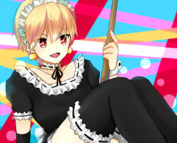 Rule 34 | 1boy, alternate costume, bad id, bad pixiv id, blonde hair, broom, child, choker, crossdressing, dress, earrings, enmaided, fang, fate/stay night, fate (series), gilgamesh (fate), jewelry, maid, maid headdress, male focus, open mouth, red eyes, short hair, smile, solo, thighhighs