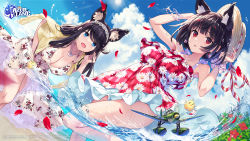 Rule 34 | 2girls, aircraft, airplane, animal ear fluff, animal ears, arms up, azur lane, bead bracelet, beads, black hair, blue eyes, blunt bangs, blush, bracelet, breasts, brown headwear, cardigan, cat ears, cleavage, collarbone, commentary request, copyright name, dress, dutch angle, earrings, floral print, flower, fusou (azur lane), hairband, halter dress, halterneck, hat, hat ribbon, highres, jewelry, large breasts, leaning forward, long hair, long sleeves, looking at viewer, manjuu (azur lane), multiple girls, open cardigan, open clothes, open mouth, parted lips, petals, print dress, red dress, red eyes, red flower, ribbon, sanbasou, short hair, sleeveless, sleeveless dress, standing, standing on one leg, striped ribbon, sun hat, swept bangs, wading, water, white dress, white hairband, wrist cuffs, yamashiro (azur lane), yellow cardigan