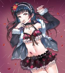 Rule 34 | 1girl, artist name, bikini, bikini skirt, black choker, black jacket, blue hair, breasts, choker, cleavage, earrings, emphasis lines, floral print, flower, frilled hairband, frills, fur-trimmed jacket, fur trim, hair bun, hair flower, hair ornament, hair ribbon, hairband, hand to own mouth, hands up, hyugo, jacket, jewelry, long hair, long sleeves, looking at viewer, love live!, love live! school idol festival, love live! sunshine!!, navel, necklace, parted lips, petals, red eyes, red flower, ribbon, rose print, side bun, single side bun, small breasts, solo, striped ribbon, studded choker, swimsuit, tattoo, thigh gap, tsushima yoshiko, wing tattoo