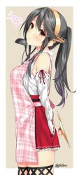 Rule 34 | 10s, 1girl, alternate hairstyle, apron, bare shoulders, blush, border, brown eyes, cowboy shot, detached sleeves, from side, gintarou (kurousagi108), grey background, grey hair, hakama, hakama short skirt, hakama skirt, haruna (kancolle), headgear, heart, japanese clothes, kantai collection, ladle, lid, lips, long hair, long sleeves, looking at viewer, nontraditional miko, outside border, pink apron, ponytail, red hakama, ribbon-trimmed sleeves, ribbon trim, simple background, skindentation, skirt, smile, solo, standing, thighhighs, twitter username, upper body, white border, wide sleeves