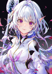 Rule 34 | 1girl, ahoge, blush, breasts, closed mouth, fate/grand order, fate/prototype, fate (series), gradient background, holding, holding staff, kinokohime, long hair, long sleeves, looking at viewer, medium breasts, merlin (fate/prototype), merlin (fate/prototype) (second ascension), petals, purple eyes, robe, smile, staff, very long hair, white hair, white robe, wide sleeves