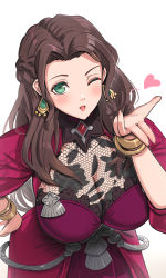 Rule 34 | 1girl, blowing kiss, blush, breasts, brown hair, cleavage, covered collarbone, dorothea arnault, dress, earrings, fire emblem, fire emblem: three houses, fire emblem warriors, fire emblem warriors: three hopes, gonzarez, green eyes, heart, highres, jewelry, kiss, large breasts, long hair, looking at viewer, nintendo, one eye closed, simple background, white background, wink
