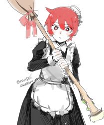 Rule 34 | 10s, 1girl, bad id, bad pixiv id, broom, henpei saboten, highres, little witch academia, looking at viewer, maid, red eyes, red hair, shiny chariot, short hair, witch
