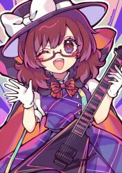 Rule 34 | 1girl, blue background, blush, bow, bowtie, breasts, brown eyes, brown hair, buttons, cloak, clowk, collared shirt, glasses, gloves, gradient background, guitar, hair between eyes, hands up, hat, hat bow, heart, highres, holding, holding instrument, instrument, kyouda suzuka, lightning bolt-shaped pupils, looking at viewer, medium breasts, multicolored background, multicolored hair, one eye closed, open mouth, orange cloak, pink background, pink bow, pink bowtie, pink hair, plaid, plaid skirt, plaid vest, puffy short sleeves, puffy sleeves, purple background, purple cloak, purple hat, purple skirt, purple vest, shirt, short hair, short sleeves, skirt, skirt set, smile, solo, standing, striped background, striped bow, striped bowtie, striped clothes, symbol-shaped pupils, teeth, tongue, touhou, twitter username, two-tone cloak, usami sumireko, vest, white bow, white gloves, white shirt