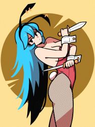 Rule 34 | 1girl, akairiot, animal ears, annoyed, bare shoulders, blue hair, blush, breasts, bunny crimson (akairiot), cleavage, closed mouth, commentary, covered navel, crossed arms, dual wielding, english commentary, fake animal ears, fishnet pantyhose, fishnets, highres, holding, holding knife, knife, large breasts, leotard, long hair, looking away, original, pantyhose, playboy bunny, rabbit ears, rabbit tail, solo, strapless, strapless leotard, tail, wrist cuffs, yellow background