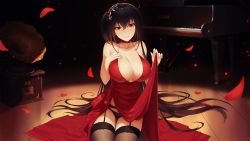 Rule 34 | 1girl, ahoge, alexiel (pixiv6211566), azur lane, bare shoulders, black hair, black panties, black thighhighs, breast suppress, breasts, choker, cleavage, clothes lift, collarbone, commentary, dress, dress lift, evening gown, garter belt, hair between eyes, hair ornament, hand on own chest, has bad revision, has downscaled revision, highres, indoors, instrument, large breasts, lifting own clothes, long dress, long hair, looking at viewer, md5 mismatch, official alternate costume, on floor, one side up, panties, parted lips, petals, phonograph, piano, red dress, red eyes, resolution mismatch, revision, rose petals, side slit, signature, sitting, sleeveless, sleeveless dress, smile, solo, source smaller, spotlight, taihou (azur lane), taihou (forbidden feast) (azur lane), thighhighs, underwear, very long hair