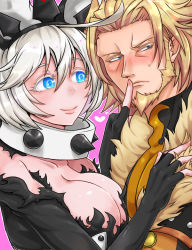 Rule 34 | 1boy, 1girl, ahoge, arc system works, artist request, blonde hair, blue eyes, blush, breasts, cleavage, coat, collar, couple, elphelt valentine, eye contact, facial hair, fingerless gloves, gloves, guilty gear, guilty gear xrd, guilty gear xrd: revelator, large breasts, leo whitefang, long hair, looking at another, rabbit ears, shiny skin, short hair, smile, spiked collar, spikes, sweatdrop
