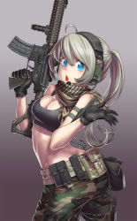 Rule 34 | 1girl, ahoge, aqua eyes, ar-15, assault rifle, bad anatomy, breasts, butt crack, camouflage, camouflage pants, cleavage, gloves, gun, headset, holster, knife, kws, medium breasts, military, open mouth, original, pants, ponytail, revision, rifle, scarf, silver hair, solo, sports bra, thigh holster, twisted torso, vertical forward grip, weapon