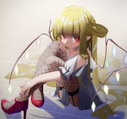 Rule 34 | 1girl, absurdly long hair, bare shoulders, blue nails, blunt bangs, brick floor, bright pupils, closed mouth, commentary request, crystal, dress, expressionless, eyebrows hidden by hair, fishnet thighhighs, fishnets, flandre scarlet, garter belt, garter straps, glowing, grey background, hair rings, high heels, highres, indoors, knees up, long hair, looking at viewer, nail polish, no headwear, one side up, pointy ears, red eyes, red footwear, simple background, sitting, solo, thighhighs, touhou, very long hair, white dress, wings, zakozako y