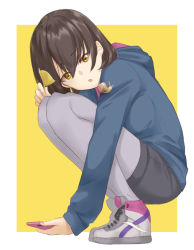 Rule 34 | 1girl, black shorts, brown hair, cellphone, from side, full body, ginkgo leaf, grey footwear, grey pantyhose, hair between eyes, holding, holding phone, hood, hooded sweater, leaf, looking at viewer, open mouth, original, pantyhose, phone, saruno (eyesonly712), shoes, short hair, short shorts, shorts, smartphone, snail, sneakers, solo, squatting, sweater, yellow eyes