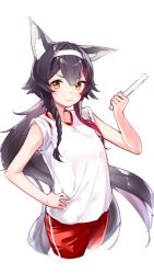 Rule 34 | 1girl, animal ear fluff, animal ears, black hair, blush, closed mouth, commentary request, crop top, gym uniform, hair between eyes, hairband, hand on own hip, highres, holding, hololive, long hair, looking at viewer, multicolored hair, ookami mio, red hair, red shorts, shirt, shorts, simple background, sleeves pushed up, sleeves rolled up, smile, solo, streaked hair, v-shaped eyebrows, very long hair, virtual youtuber, white background, white hairband, white shirt, wolf ears, wolf girl, yellow eyes, yuyaiyaui