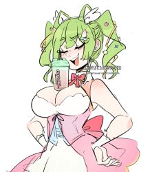 Rule 34 | 1girl, blue corset, blush, breasts, cleavage, cleavage cutout, clothing cutout, commentary, corset, dress, english commentary, english text, closed eyes, gfuel, green hair, hair behind ear, hands on own hips, ichika maia, indie virtual youtuber, large breasts, open mouth, parasiticbun, pink dress, sketch, skirt, smile, smug, solo, tawawa challenge, twintails, twitter username, virtual youtuber, white skirt