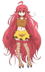 Rule 34 | 1girl, absurdres, ahoge, animal ears, bird ears, bird legs, brown eyes, brown tank top, coco (eogks), feathers, harpy, highres, long hair, midriff, monster girl, navel, nn (eogks), original, red feathers, red hair, red wings, simple background, skirt, solo, talons, tank top, very long hair, white background, winged arms, wings, yellow skirt
