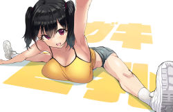 Rule 34 | 1girl, arm up, armpits, ashita (2010), black hair, black shorts, borrowed character, breast rest, breasts, camisole, commentary request, fang, hair between eyes, highres, large breasts, looking at viewer, open mouth, oppai loli, original, red eyes, sasaki kanna (kaedeko), shoes, short hair, shorts, simple background, skin fang, smile, socks, solo, spread legs, text background, twintails, white background, white footwear, yellow camisole