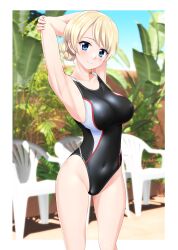 Rule 34 | 1girl, absurdres, arms behind head, banana tree, black one-piece swimsuit, blonde hair, blue eyes, braid, breasts, chair, commentary request, competition swimsuit, covered navel, cowboy shot, darjeeling (girls und panzer), girls und panzer, highres, medium breasts, multicolored clothes, multicolored swimsuit, one-piece swimsuit, photo background, short hair, solo, swimsuit, takafumi, twin braids