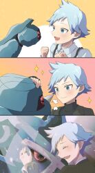 Rule 34 | 1boy, 3koma, :d, aged down, anidf, beldum, blue hair, blush, clenched hands, closed eyes, closed mouth, collared shirt, comic, commentary request, creatures (company), game freak, gen 3 pokemon, hand up, headpat, highres, jacket, jewelry, long sleeves, male focus, metagross, metang, nintendo, open mouth, pokemon, pokemon (creature), pokemon oras, ring, shirt, short hair, smile, sparkle, steven stone, suspenders, sweater