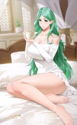 Rule 34 | 1girl, 2022, anklet, artist name, bare shoulders, barefoot, blush, breasts, cleavage, collarbone, cup, dated, dress, feet, female focus, fire emblem, fire emblem: three houses, green eyes, green hair, highres, holding, holding cup, jewelry, large breasts, legs, long hair, looking at viewer, matching hair/eyes, mature female, nintendo, off-shoulder dress, off shoulder, parted bangs, pointy ears, rhea (fire emblem), sendo (sendrawz), short dress, smile, solo, thighs, toes, white dress