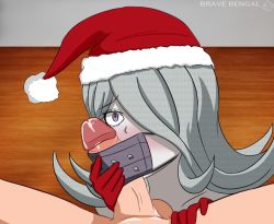 Rule 34 | 1boy, 1girl, artist name, blush, bravebengal, christmas, cosplay, cum, cum on body, cum on lower body, cum on penis, danganronpa (series), danganronpa 3 (anime), danganronpa v3: killing harmony, erection, face mask, gloves, grey hair, hair over one eye, hat, kimura seiko, kimura seiko (cosplay), leather mask, legs apart, long hair, looking at viewer, mask, medical mask, nose, one eye closed, pale skin, penis, penis on face, penis under another&#039;s clothes, purple eyes, red gloves, red headwear, santa hat, shiny skin, spread legs, studded mask, testicles, uncensored, white wall, wooden floor