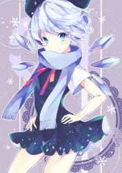 Rule 34 | 1girl, bad id, bad pixiv id, blue dress, blue eyes, blue hair, blue scarf, blush, bow, cirno, colored eyelashes, cowboy shot, dress, hair bow, hands on own hips, highres, ice, ice wings, looking at viewer, matching hair/eyes, patterned background, purple background, ribbon, scarf, shirt, short dress, short hair, short sleeves, sleeveless, sleeveless dress, smile, snowflakes, solo, touhou, white shirt, wings, yuusei tsukiro