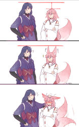 Rule 34 | 2girls, absurdres, afterimage, animal ear fluff, animal ears, ankie (ankys ), artist name, blush, comic, confused, crossed arms, ears down, ears up, fox ears, fox girl, fox tail, genshin impact, hand on another&#039;s head, hand on own hip, headpat, height chart, height conscious, height difference, height envy, highres, japanese clothes, kimono, long hair, long sleeves, looking at another, mole, mole under eye, multiple girls, obi, pet, pink hair, purple eyes, purple hair, raiden shogun, sash, scratching head, size difference, sparkle, tail, tail wagging, tall female, very long hair, wide sleeves, yae miko