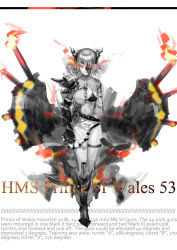 Rule 34 | 1girl, abyssal ship, aiguillette, armor, armored boots, belt, bikini, black bikini, boots, cannon, character name, dark persona, fire, flaming eye, full body, gauntlets, headgear, highres, jacket, legs together, liyou-ryon, machinery, military jacket, orange eyes, pale skin, prince of wales (warship girls r), skirt, standing, swimsuit, text focus, thigh strap, turret, warship girls r, white background