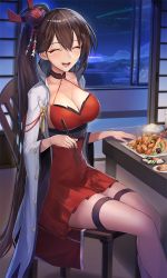 Rule 34 | 1girl, :d, azur lane, blush, breasts, brown hair, chair, chopsticks, cleavage, closed eyes, cloud, dress, facing viewer, food, hair between eyes, hair ornament, highres, holding, holding chopsticks, japanese clothes, large breasts, lighthouse, long hair, morichika shuuto, night, ocean, open mouth, ponytail, red dress, sidelocks, sitting, sky, smile, solo, star (sky), starry sky, table, thigh strap, thighs, very long hair, wide sleeves, window, zuikaku (azur lane)