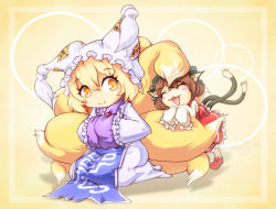 Rule 34 | 2girls, animal ears, blonde hair, brown hair, cat ears, cat girl, cat tail, chen, dress, closed eyes, fang, female focus, fox tail, framed, hands in opposite sleeves, hat, highres, holding, holding with tail, long sleeves, multiple girls, multiple tails, nekomata, open mouth, prehensile tail, red dress, shirt, short hair, sitting, sky (kumada), smile, tabard, tail, touhou, white dress, wide sleeves, yakumo ran, yellow eyes