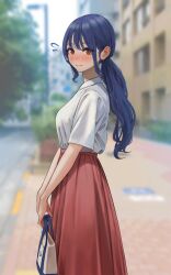 Rule 34 | 1girl, bag, blue hair, blurry, blurry background, blush, breasts, brown eyes, building, choppy bangs, closed mouth, flying sweatdrops, from side, handbag, highres, holding, holding bag, inoue iori, long hair, looking at viewer, low ponytail, medium breasts, original, outdoors, red skirt, shirt, short sleeves, skirt, solo, standing, white shirt, yukimaru ai