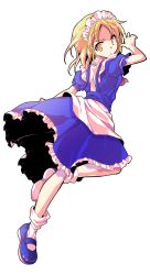 Rule 34 | 1girl, :/, alphes (style), apron, arm at side, ascot, bare arms, blonde hair, blue footwear, bobby socks, closed mouth, dairi, dress, eyebrows, frilled dress, frills, frown, full body, highres, maid, maid apron, maid headdress, mary janes, mugetsu (touhou), parody, puffy short sleeves, puffy sleeves, red ascot, shoes, short hair, short sleeves, socks, solo, style parody, touhou, touhou (pc-98), transparent background, v-shaped eyebrows, waist apron, white apron, white socks, yellow eyes