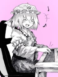 Rule 34 | +++, 1girl, blush, center frills, chair, closed eyes, commentary request, eighth note, feet out of frame, fingernails, frilled kimono, frilled shirt collar, frills, from side, hakurou hokuto, happy, hat, hatching (texture), highres, instrument, japanese clothes, keyboard (instrument), kimono, long sleeves, mob cap, monochrome, music, musical note, neck ribbon, obi, on chair, open mouth, pink background, playing instrument, quarter note, ribbon, saigyouji yuyuko, sash, short hair, simple background, sitting, sleeve garter, smile, solo, spot color, touhou, triangular headpiece, wide sleeves