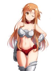 Rule 34 | 1girl, armor, asuna (sao), bare arms, bare shoulders, bikini armor, boobplate, braid, breastplate, breasts, brown eyes, brown hair, cleavage, collar, collarbone, commentary request, gauntlets, highres, holiday (pangjelly), large breasts, long hair, looking at viewer, navel, one eye closed, simple background, smile, solo, sword art online, thighs, white background