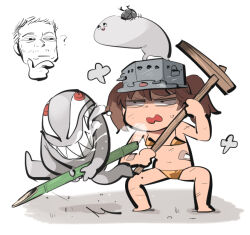 Rule 34 | 1girl, ?, bamboo spear, bandaid on stomach, bikini, black eyes, brown hair, character request, chibi, chibi inset, constricted pupils, copyright request, creature on head, drooling, elon musk, flat chest, full body, gold bikini, golden week, hand on own chin, heavy breathing, hoe, holding, holding hoe, holding polearm, holding weapon, kantai collection, medium hair, open mouth, polearm, real life, red eyes, rhinoceros beetle, running, ryuujou (kancolle), scratches, shikigami, short hair, simple background, squatting, stroking own chin, swimsuit, tirarizun, twintails, v-shaped eyebrows, very short hair, visor cap, weapon, white background